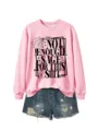 Close-up of pink long sleeve sweatshirt with funny graphic print and paired denim shorts detail. - Pink (Black Font)