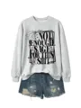 Women grey long sleeve sweatshirt with funny text print matched with denim shorts. - Gray (Black Font)