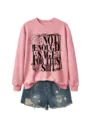 Pink long sleeve sweatshirt with funny sage typography paired with denim shorts for women. - Rose Gold Sweatshirt (Black Font)