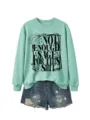 Close-up detail of the printed graphic quote on the mint green sweatshirt. - Light Green Sweatshirt (Black Font)