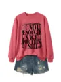 Women pink long sleeve crewneck sweatshirt matched with distressed denim shorts casual wear. - Red Sweatshirt (Black Font)