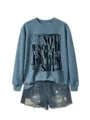 Casual long sleeve crewneck sweatshirt paired with distressed denim shorts for women. - Blue (Black Font)