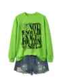 Women long sleeve lime green crewneck sweatshirt with novelty slogan and denim shorts. - Fluorescent Green (Black Font)