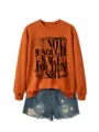 Casual orange long sleeve sweatshirt with funny text graphic paired with stylish denim shorts. - Burnt Orange (Black Font)