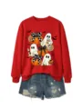 Detailansicht des roten Damen Sweatshirts mit niedlichem Halloween Geist und Kürbis Print. - S / Oberteile / Knallrotes Sweatshirt (Schwarzes Muster)