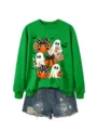 Grüner Halloween Geist Kürbis Pullover mit Jeansshorts niedliches Freizeit Outfit Detail - S / Oberteile / Grasgrünes Sweatshirt (Schwarzes Muster)