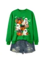 Grüner Langarm-Pullover mit Halloween-Geist- und Kürbis-Print kombiniert mit Jeansshorts. - S / Oberteile / Grasgrünes Sweatshirt (Weißes Muster)