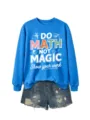 Blauer Rundhalsausschnitt Pullover kombiniert mit Jeansshorts und lustigem Mathe-Druck. - S / Oberteile / Seeblau (Weißer Druck)