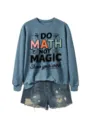 Lässiger Damen Langarm Rundhalsausschnitt Sweatshirt kombiniert mit Jeansshorts für den Herbst. - S / Oberteile / Blau (Schwarzes Muster)