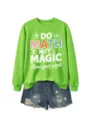 Lässiger grüner Langarm-Sweatshirt mit lustigem Mathe-Magic-Print und Jeans-Shorts. - S / Oberteile / Fluoreszierendes Grün (Weißes Muster)
