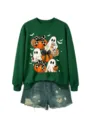 Grüne Damen Halloween Sweatshirt Süße Geist Kürbis Grafik Langarm Pullover mit Jeansshorts - Dunkelgrünes Sweatshirt (Weißes Textmuster)