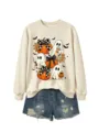 Damen Halloween Geist Kürbis Sweatshirt Jeans Shorts Outfit Lässiger süßer Langarm Pullover - Sandfarbenes Sweatshirt (Schwarzes Textmuster)