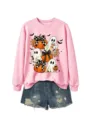 Rosa süßer Halloween Geist Kürbis Grafik Druck Langarm Rundhals Sweatshirt Oberteil - Rosa Sweatshirt (Schwarzes Textmuster)