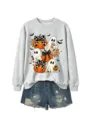 Halloween Geist Kürbis Grafik Rundhals Pullover kombiniert mit stylischen Jeansshorts. - Graues Sweatshirt (Schwarzes Textmuster)