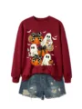 Halloween Geist Kürbis Druck bordeauxroter Pullover und destroyed Jeansshorts Outfit - Weinrotes Sweatshirt (Weißes Textmuster)