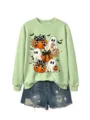 Damen Halloween Geist Kürbis Grafik Langarm Sweatshirt mit Jeansshorts Set Outfit. - Olivgrünes Sweatshirt (Schwarzes Textmuster)