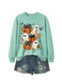 Damen Halloween Geist Kürbis Grafik Sweatshirt kombiniert mit Jeansshorts lässiges Top. - Hellgrünes Sweatshirt (Schwarzes Textmuster)