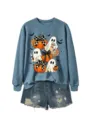 Süßer Halloween Geist Kürbis Druck langarm Rundhals Sweatshirt mit Destroyed Jeansshorts. - Blaues Sweatshirt (Schwarzes Textmuster)