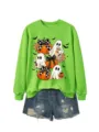 Damen Halloween Geist und Kürbis Grafik Druck Langarm grünes Sweatshirt Detailaufnahme - Neongrünes Sweatshirt (Schwarzes Muster)
