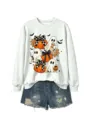 Damen Halloween Geist und Kürbis Druck langarm Sweatshirt mit Jeansshorts Outfit. - Off-White (Schwarzer Druck)