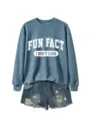 Sweat-shirt Col Rond Casual Short en Denim Délavé Tenue Imprimé Tendance - Sweat-shirt Bleu (Police Blanche)