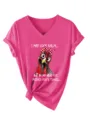 Fashion casual women's V-neck short sleeve T-shirt with funny chicken print pink top - Rose Red (White Print)