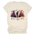 Casual beige dames t-shirt met korte mouwen en een leuke heksenhoed grafische print. - S / Tops / Zandkleur