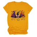 Casual dames t-shirt met korte mouwen en ronde hals met griezelige Halloween heksenhoed print. - S / Tops / Mosterdgeel