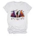 Close up detail of Halloween witches hats print on women white short sleeve t-shirt top graphic - S / Tops / White