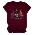 Women's graphic short sleeve crew neck t-shirt featuring witch hats and moon details. - S / Tops / Burgundy