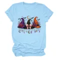 Light blue short sleeve t-shirt for women featuring a magical witch hat moon star graphic print. - S / Tops / Light Blue