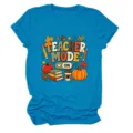 Casual vintage dames ronde hals korte mouw t-shirt met leraar modus herfst print. - Meerblauw (Zwarte Tekst) / S