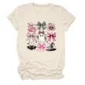 Dames leuke Halloween roze strik geest grafisch korte mouw ronde hals beige t-shirt bovenkant - S / Tops / Zandkleur
