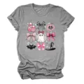 Grijs dames t-shirt met korte mouwen en leuke roze Halloween geest en strik print graphic top. - S / Tops / donkergrijs