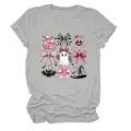 Women casual grey short sleeve t-shirt with cute pink Halloween ghost and bow graphic print. - S / Tops / Light Gray