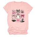 Pink short sleeve t-shirt detail showing cute Halloween ghost and bow graphic print features. - S / Tops / Pink