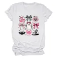 Women cute pink bow Halloween ghost witch hat graphic short sleeve crew neck t-shirt - S / Tops / White