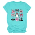 Women's Halloween Cute Ghost Bow Witch Hat Graphic Print Short Sleeve Crew Neck T-Shirt - S / Tops / Deep Water Blue
