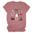 Women Pink Halloween Graphic T-Shirt Cute Ghost Bow Witch Hat Casual Short Sleeve Top - S / Tops / Rose Gold