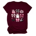 Women's Halloween pink bow ghost graphic tee short sleeve burgundy crew neck t-shirt - S / Tops / Burgundy