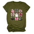 Detailed view of the cute pink Halloween ghost bow graphic printed on olive green t-shirt. - S / Tops / Army Green