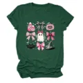 Women's cute pink bow ghost Halloween graphic tee dark green short sleeve round neck top - S / Tops / Vintage Green