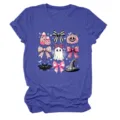 Close-up detail of the pink and black Halloween cute ghost and bow graphic print on t-shirt fabric. - S / Tops / Vintage Blue
