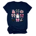 Women's cute Halloween ghost bat witch hat graphic short sleeve t-shirt in navy blue. - S / Tops / Dark Blue