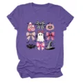 Women cute Halloween purple t-shirt with pink ghost bow graphic short sleeve top style - S / Tops / Purple