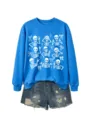 Women blue sweatshirt and distressed denim shorts set featuring cute skeleton print design. - S / Tops / Lake Blue