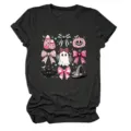 Women cute Halloween graphic short sleeve t-shirt pink bow ghost tee top casual crewneck - S / Tops / Black Heather Grey