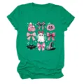 Green women short sleeve t-shirt with cute pink Halloween bow ghost graphic print casual top - S / Tops / Dark Green