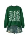 Dark green crewneck sweatshirt with cute white skeleton graphics, casual stylish apparel. - S / Tops / Dark Green