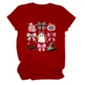 Cute pink Halloween ghost bow bat witch hat print short sleeve red t-shirt detail - S / Tops / Red
